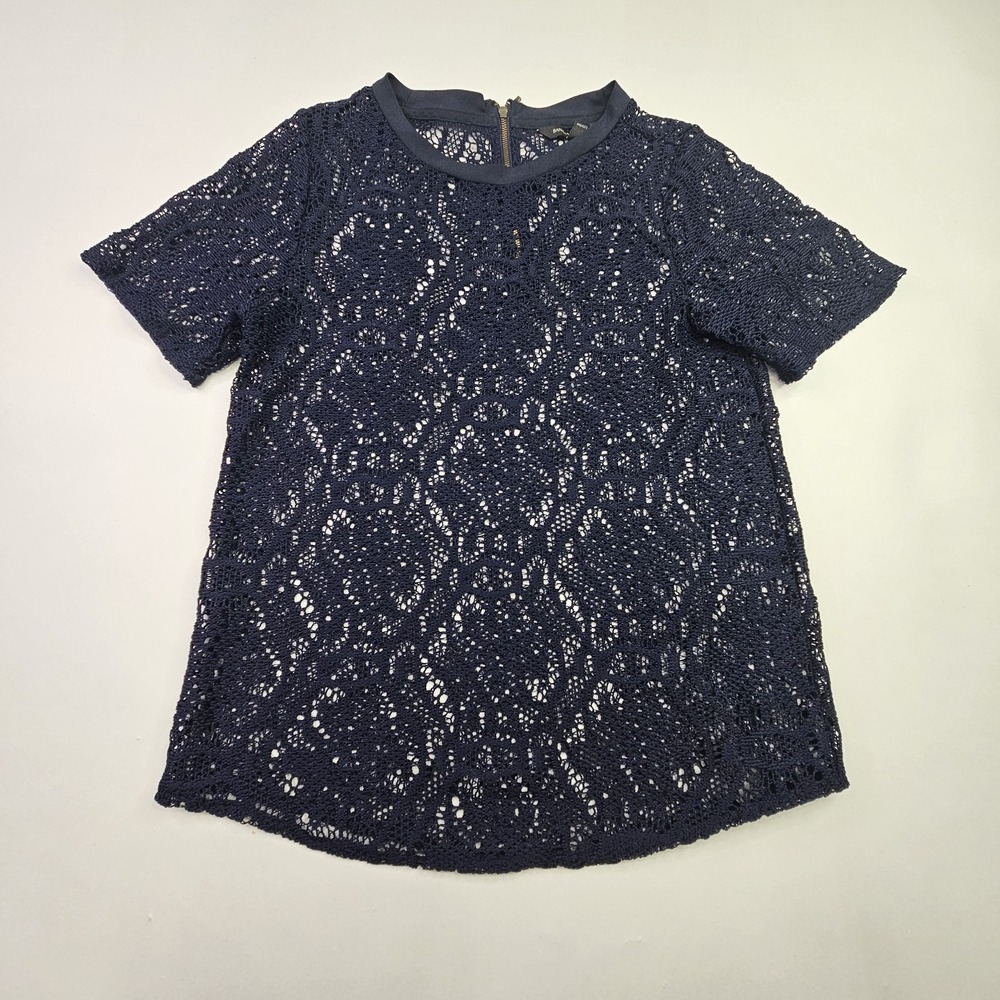 Banana Republic Top XS Navy Blue Floral Lace Short Sleeve Rear Zip Sheer Blouse